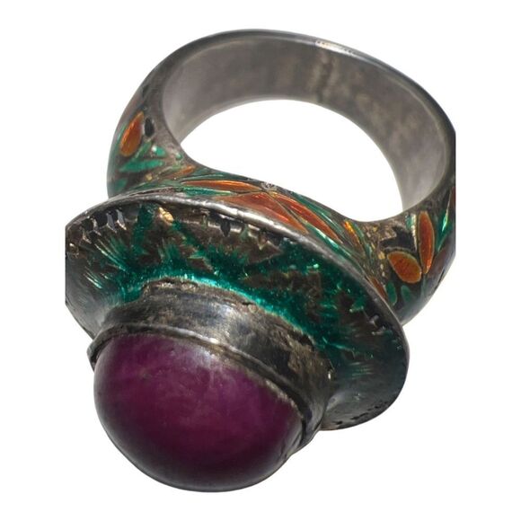 Antique Large Cabochon Ruby & Gripoix Glass Floral Band Goddess Statement Ring - Picture 14 of 16